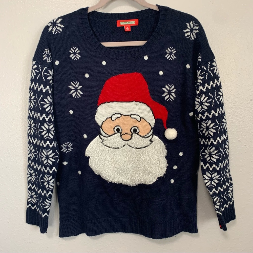 Holiday Tradition Christmas sweater size medium blue with Santa and snowflake